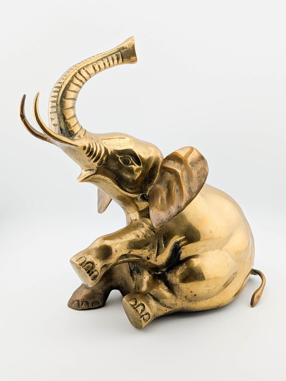 Vintage BIG Brass Elephant Sitting Trunk Up Pose 12" Tall